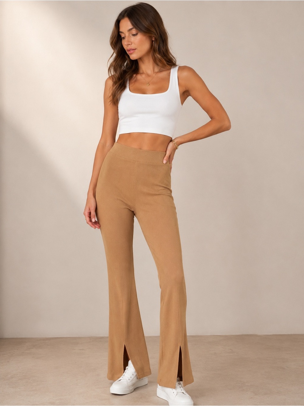 Elodie NWT Tan Ribbed Flare Front Slits Pull On Pants